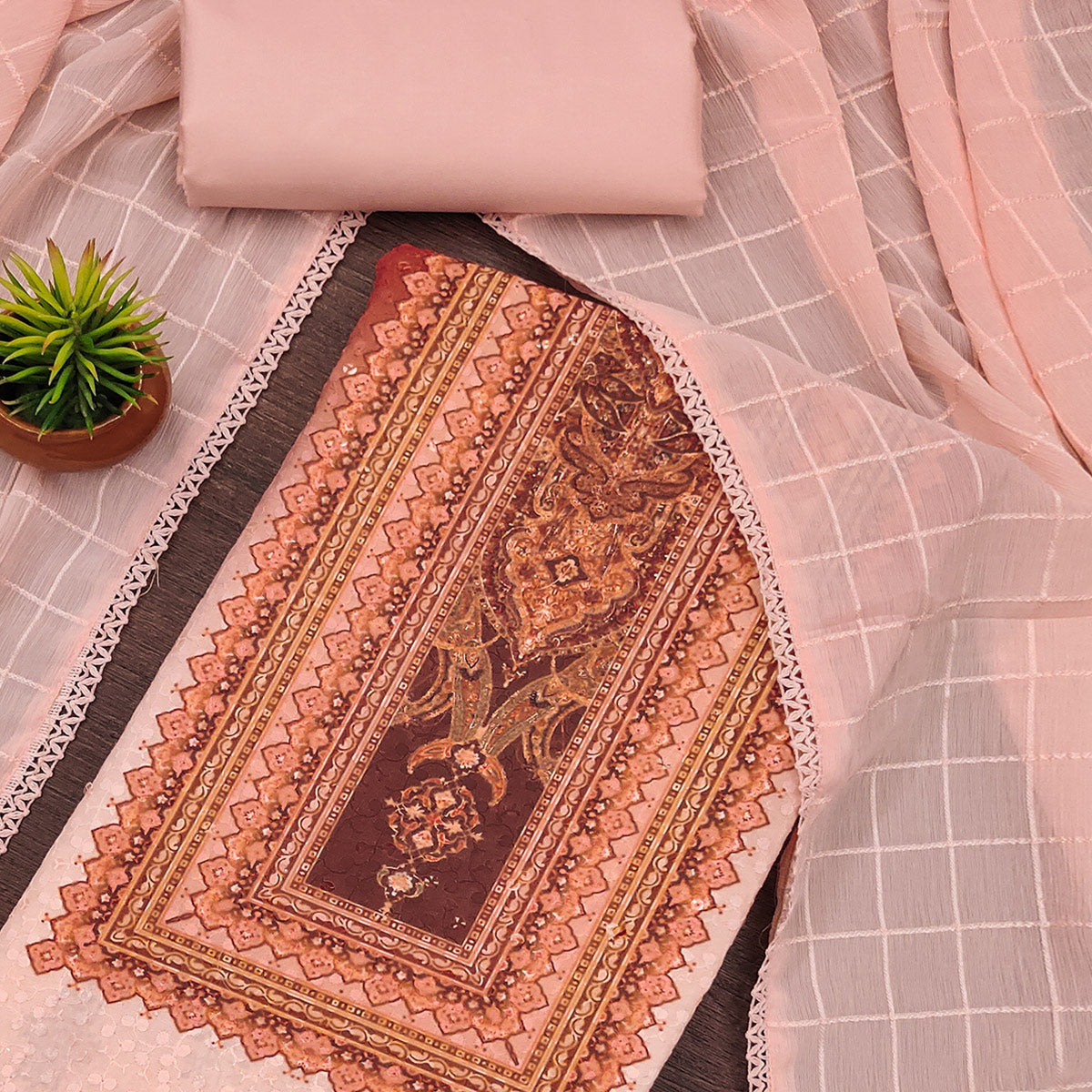 Peach Cotton Blend Dress Material With Elegant Schiffli Work & Artistic Digital Print