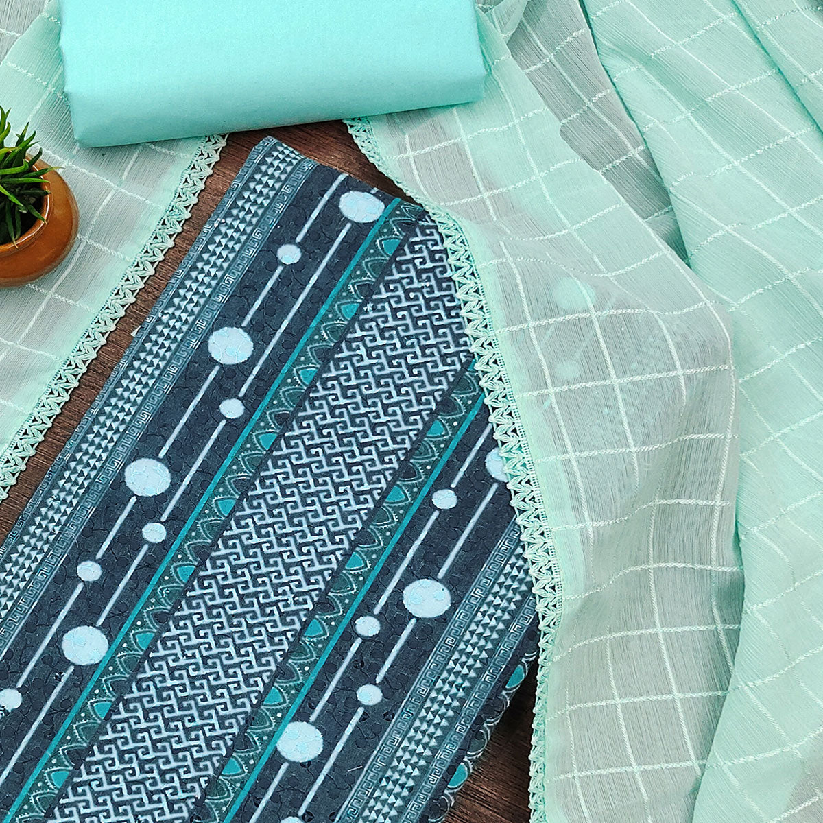 Blue Cotton Blend Dress Material With Schiffli Embroidery & Floral Digital Print