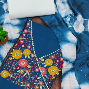 Blue Cotton Blend Dress Material With Floral Thread Embroidery