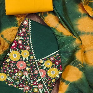 Green Cotton Blend Dress Material With Floral Thread Embroidery