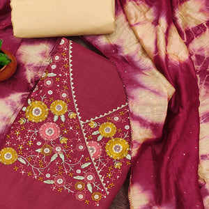 Pink Cotton Blend Dress Material With Floral Thread Embroidery