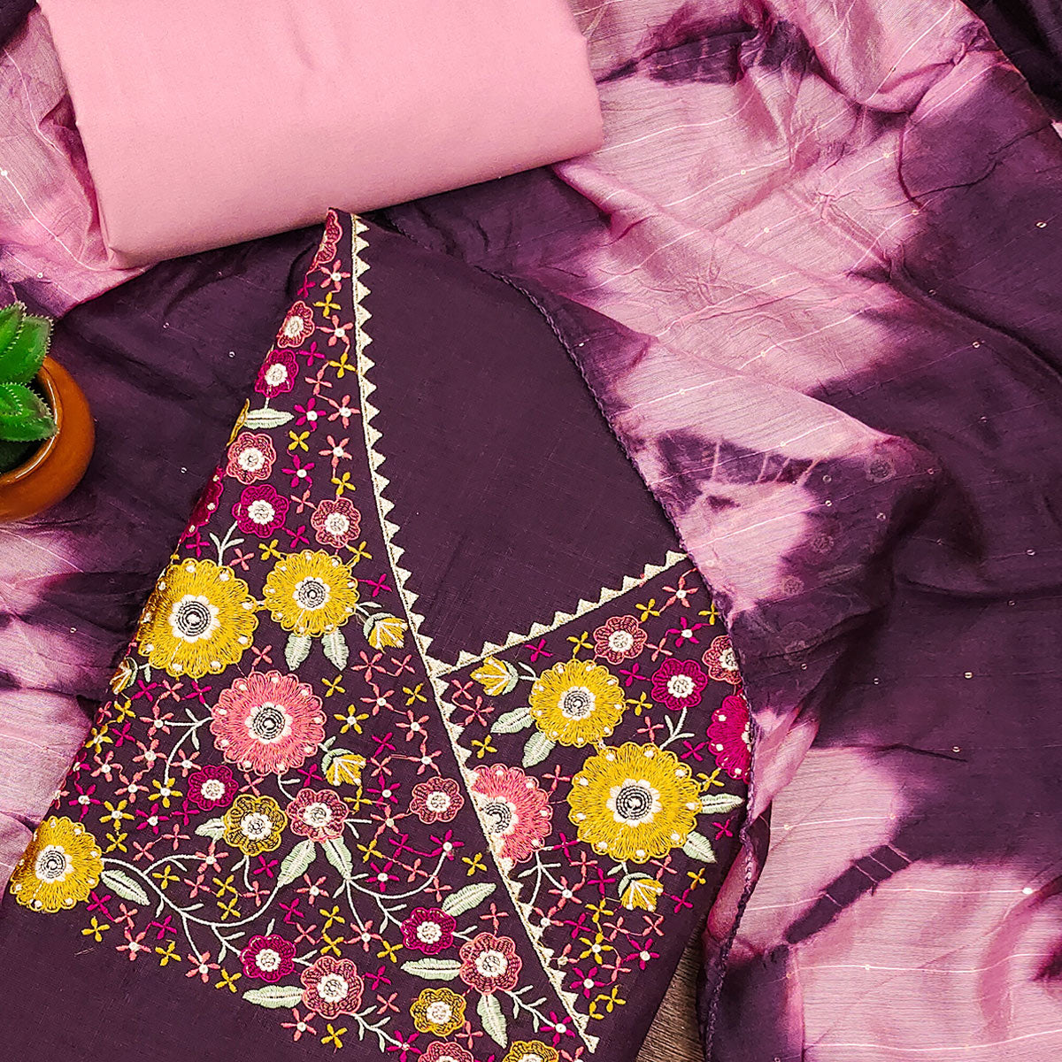 Wine Cotton Blend Dress Material With Floral Thread Embroidery