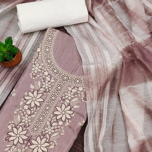 Dusty Rose Pink Floral Sequins Embroidered Cotton Silk Dress Material