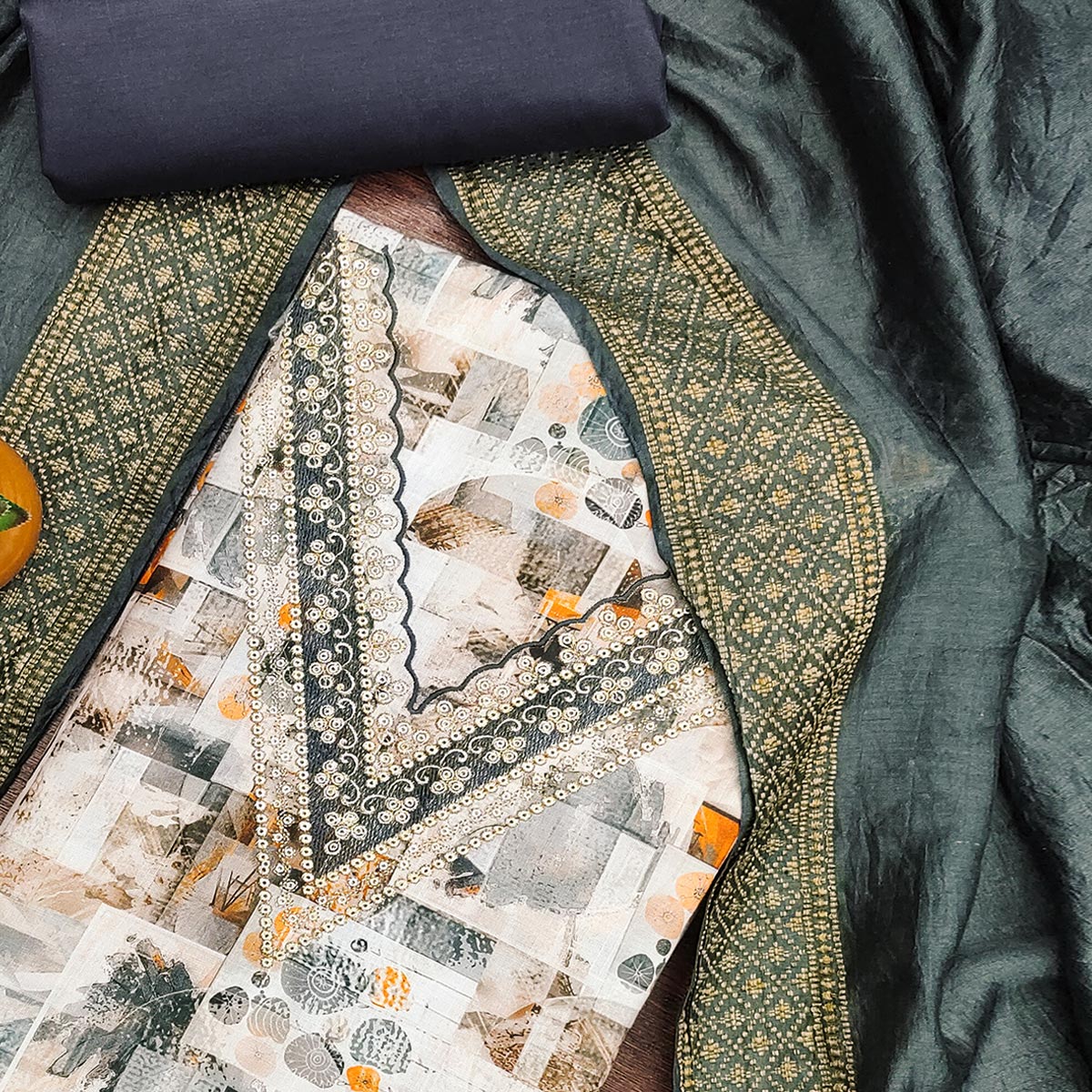 Grey Digital Printed Cotton Blend Dress Material With Intricate Neck Embroidery