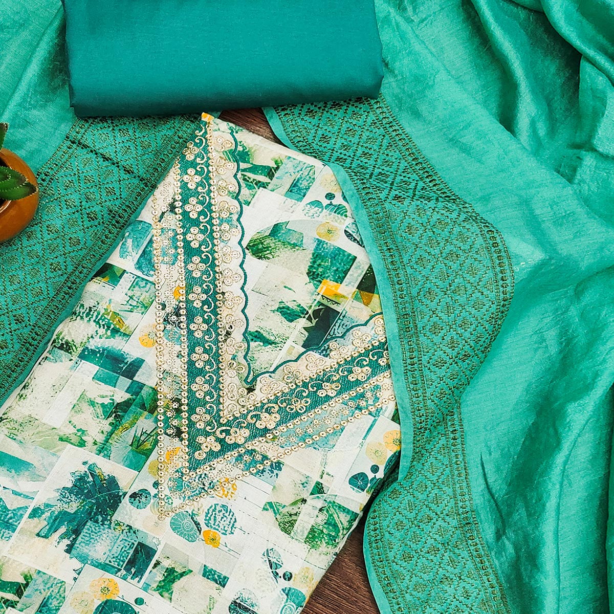 Rama Green Digital Printed Cotton Blend Dress Material With Intricate Neck Embroidery