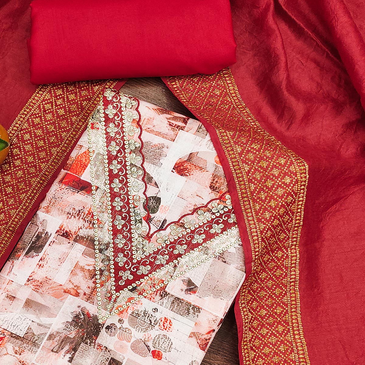 Red Digital Printed Cotton Blend Dress Material With Intricate Neck Embroidery