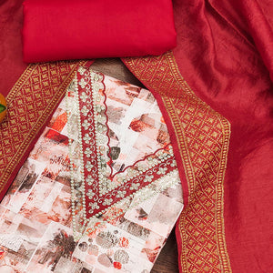 Red Digital Printed Cotton Blend Dress Material With Intricate Neck Embroidery