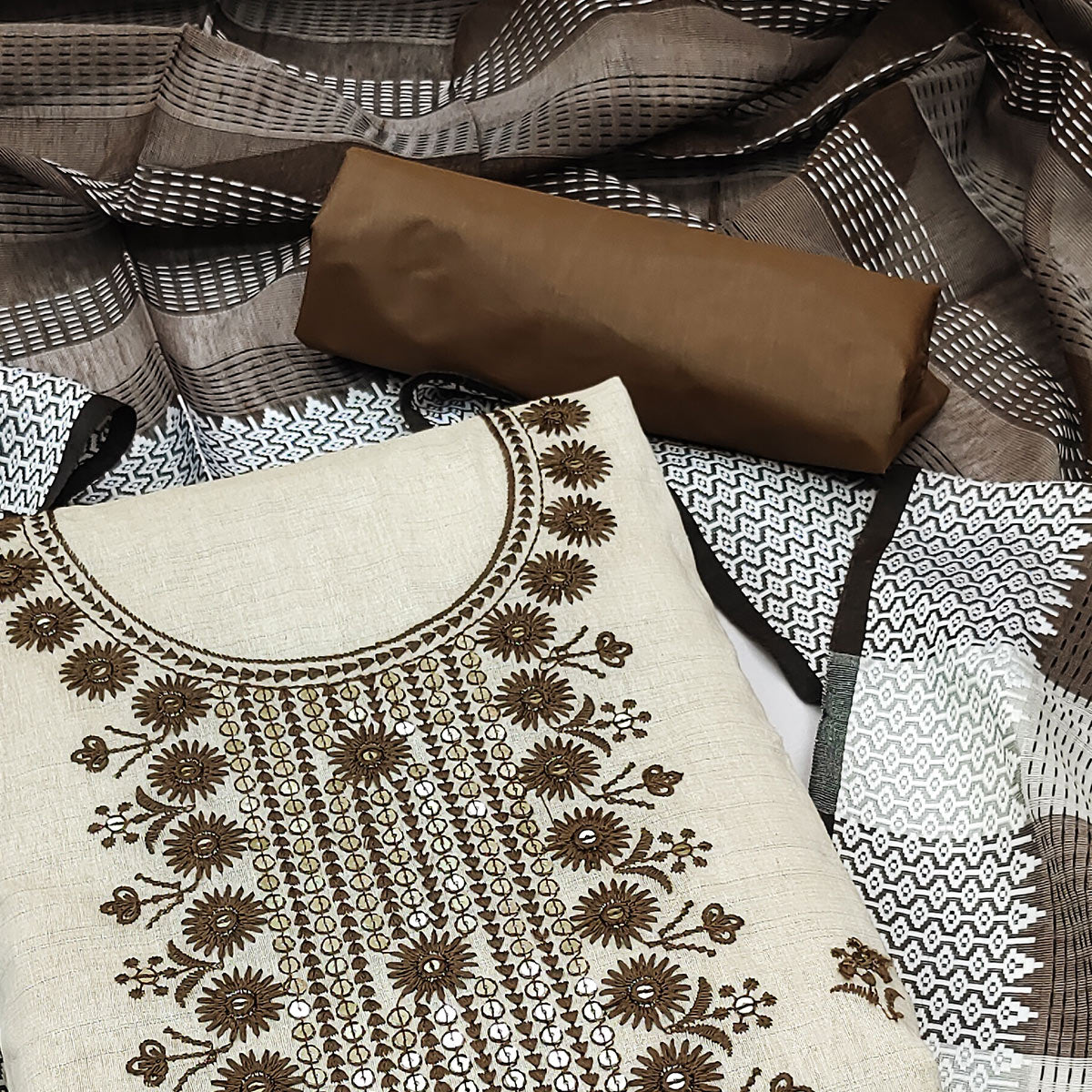 Cream & Brown Floral Sequins Embroidered Cotton Blend Dress Material