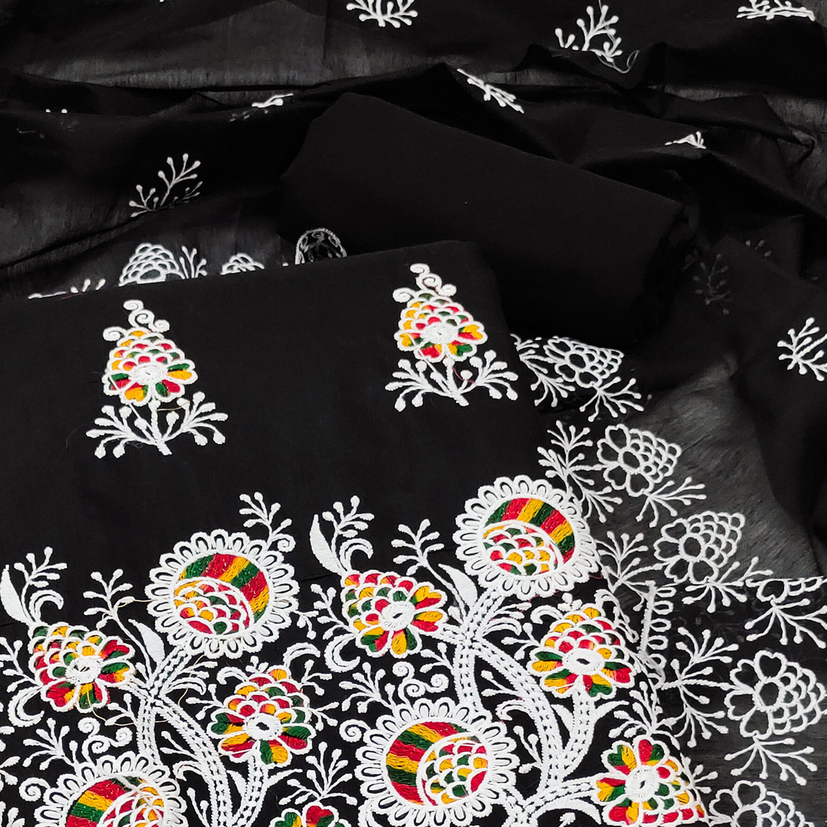 Black Floral Embroidered Chanderi Cotton Dress Material