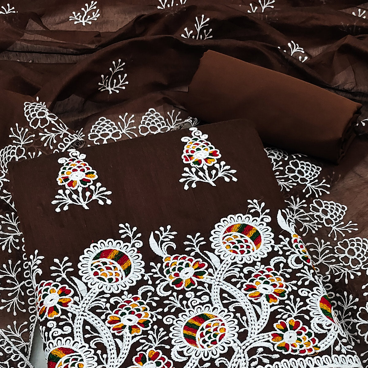 Brown Floral Embroidered Chanderi Cotton Dress Material
