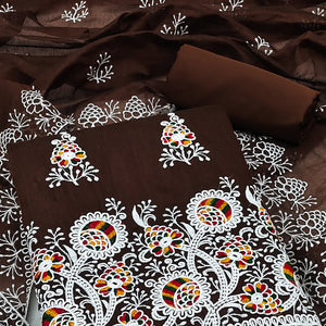 Brown Floral Embroidered Chanderi Cotton Dress Material