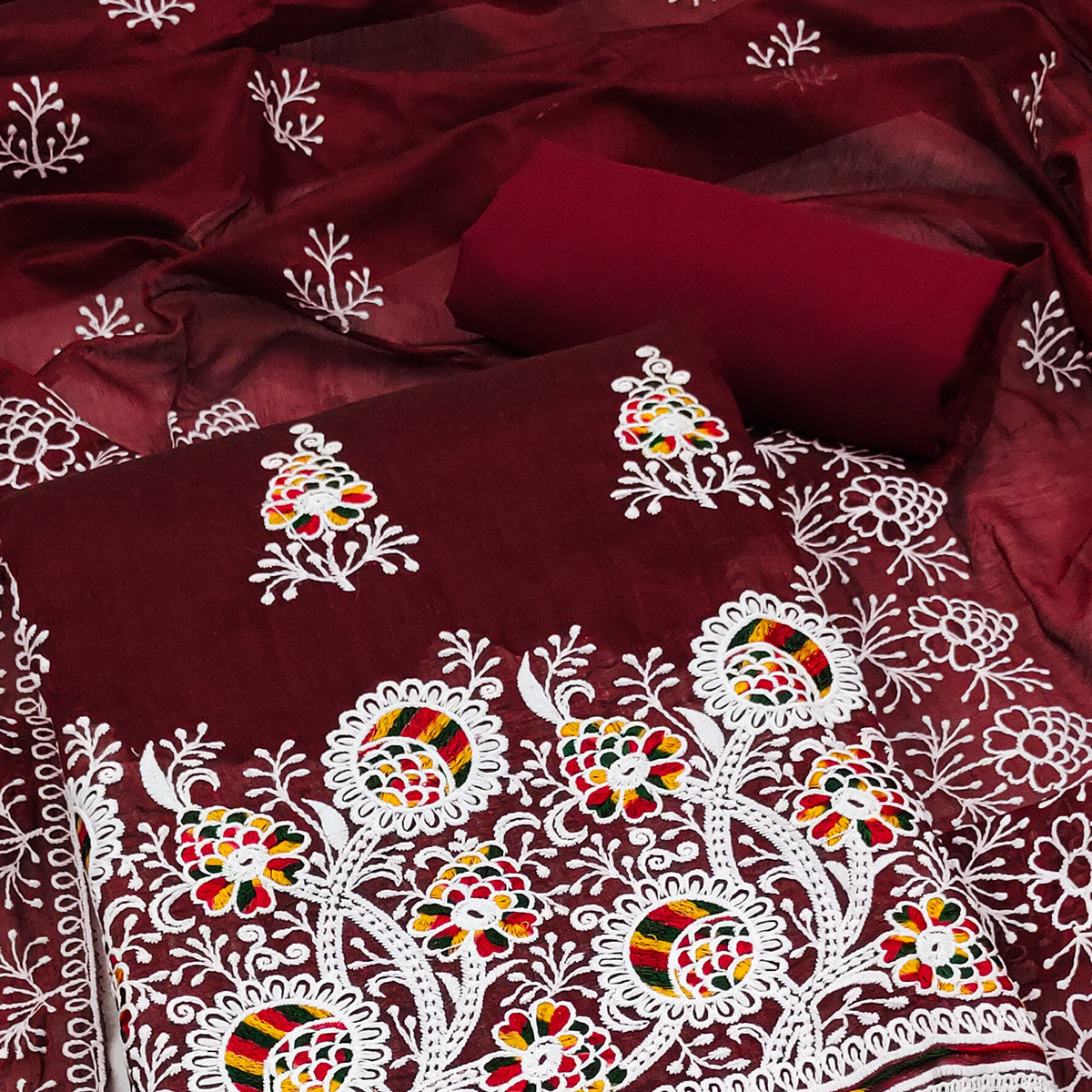 Maroon Floral Embroidered Chanderi Cotton Dress Material