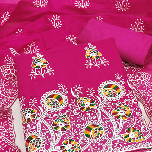 Rani Pink Chanderi Cotton Dress Material with Elegant Floral Thread Embroidery