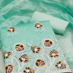 Turquoise Chanderi Cotton Dress Material with Elegant Floral Thread Embroidery