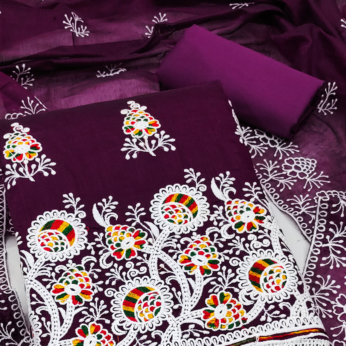 Wine Floral Embroidered Chanderi Cotton Dress Material