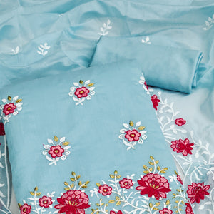 Blue Floral Embroidered Chanderi Cotton Dress Material