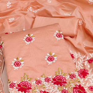 Peach Floral Embroidered Chanderi Cotton Dress Material