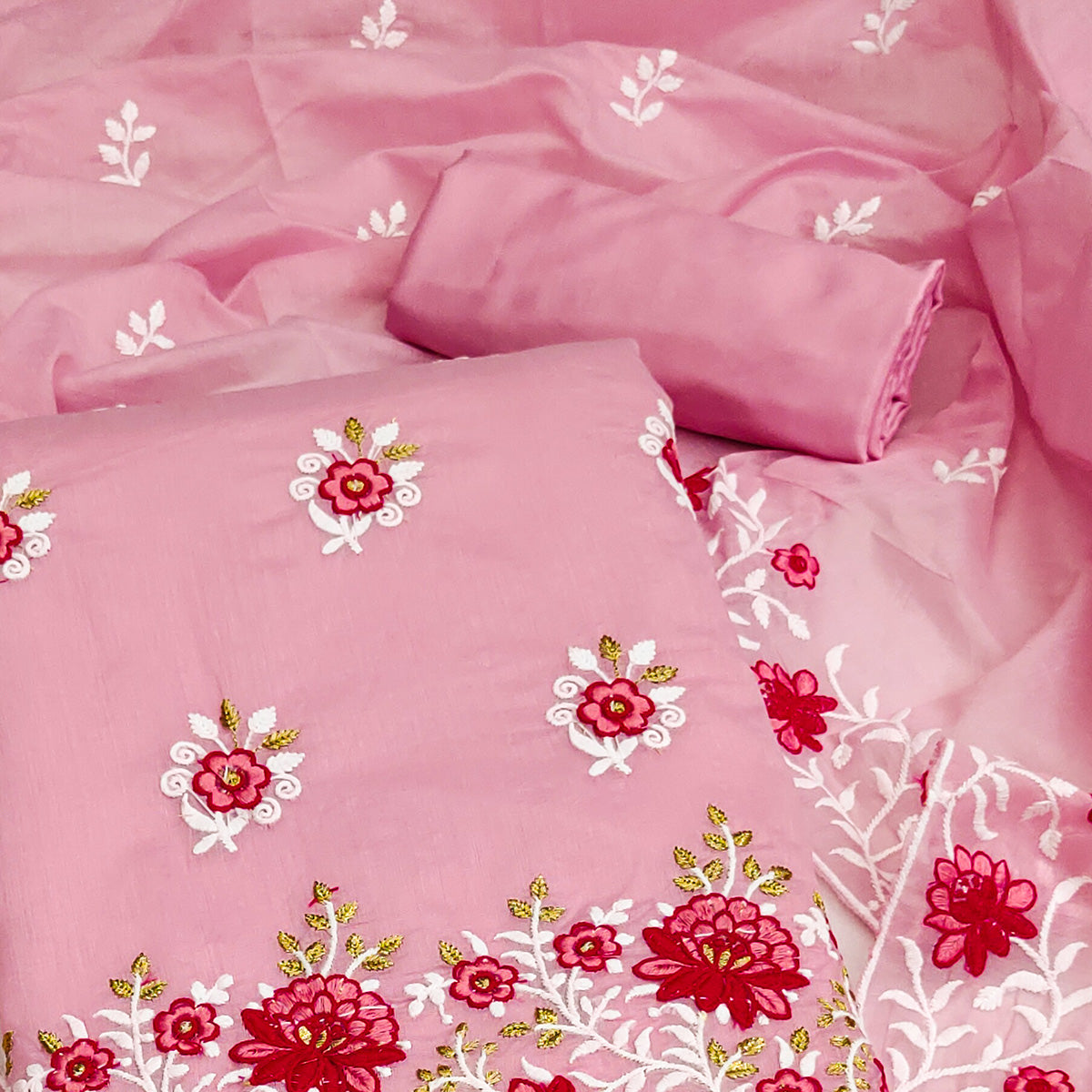 Pink Floral Embroidered Chanderi Cotton Dress Material