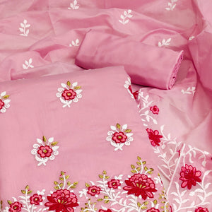 Pink Floral Embroidered Chanderi Cotton Dress Material