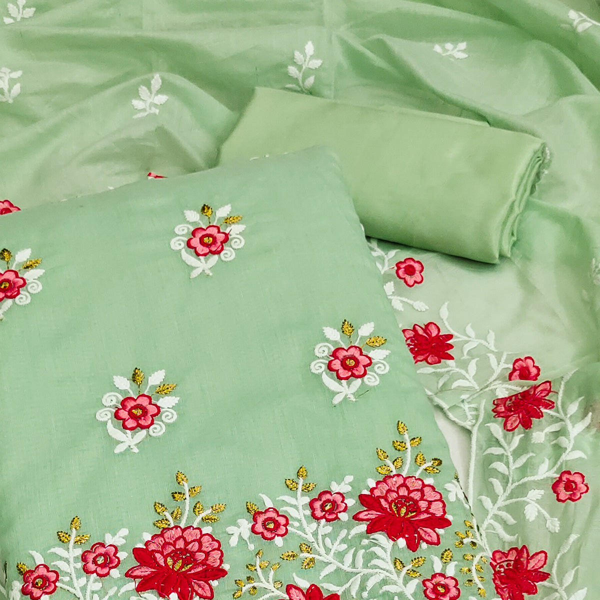 Pista Green Floral Embroidered Chanderi Cotton Dress Material