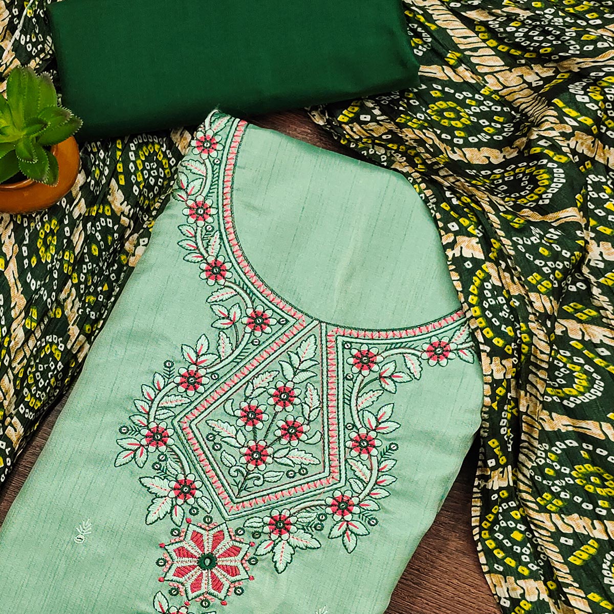 Sea Green Floral Sequins Embroidered Cotton Silk Dress Material