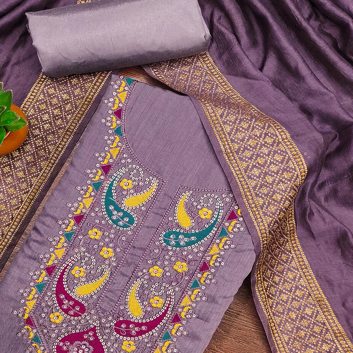 Purple Floral Sequins Embroidered Cotton Silk Dress Material