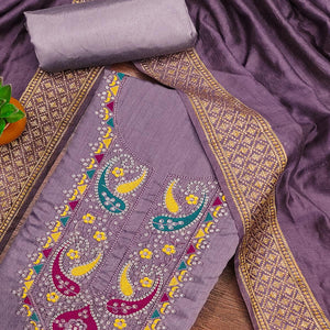 Purple Floral Sequins Embroidered Cotton Silk Dress Material