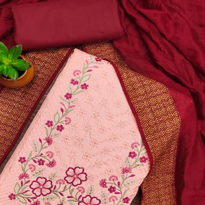 Peach Floral Sequins Embroidered Cotton Silk Dress Material