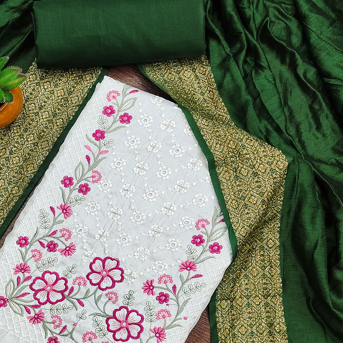 White Floral Sequins Embroidered Cotton Silk Dress Material