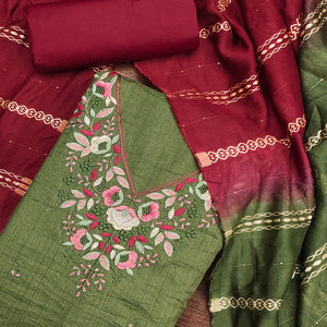 Green Floral Sequins Embroidered Cotton Silk Dress Material