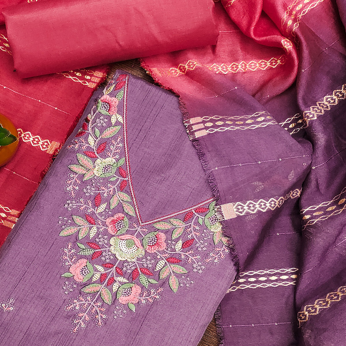 Lavender Floral Sequins Embroidered Cotton Silk Dress Material