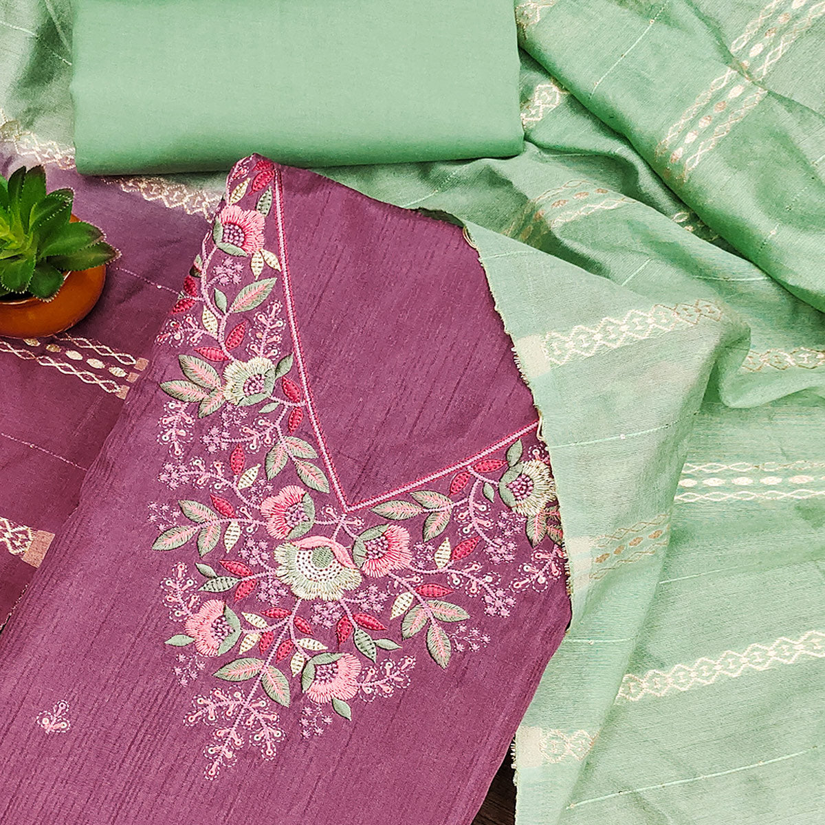 Purple Floral Sequins Embroidered Cotton Silk Dress Material