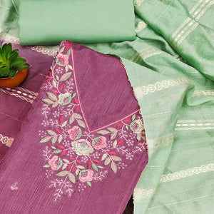 Purple Floral Sequins Embroidered Cotton Silk Dress Material