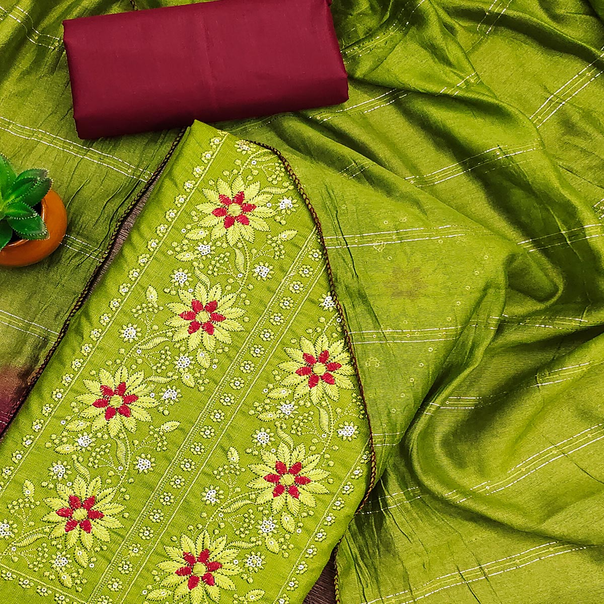 Green Floral Sequins Embroidered Slub Cotton Dress Material