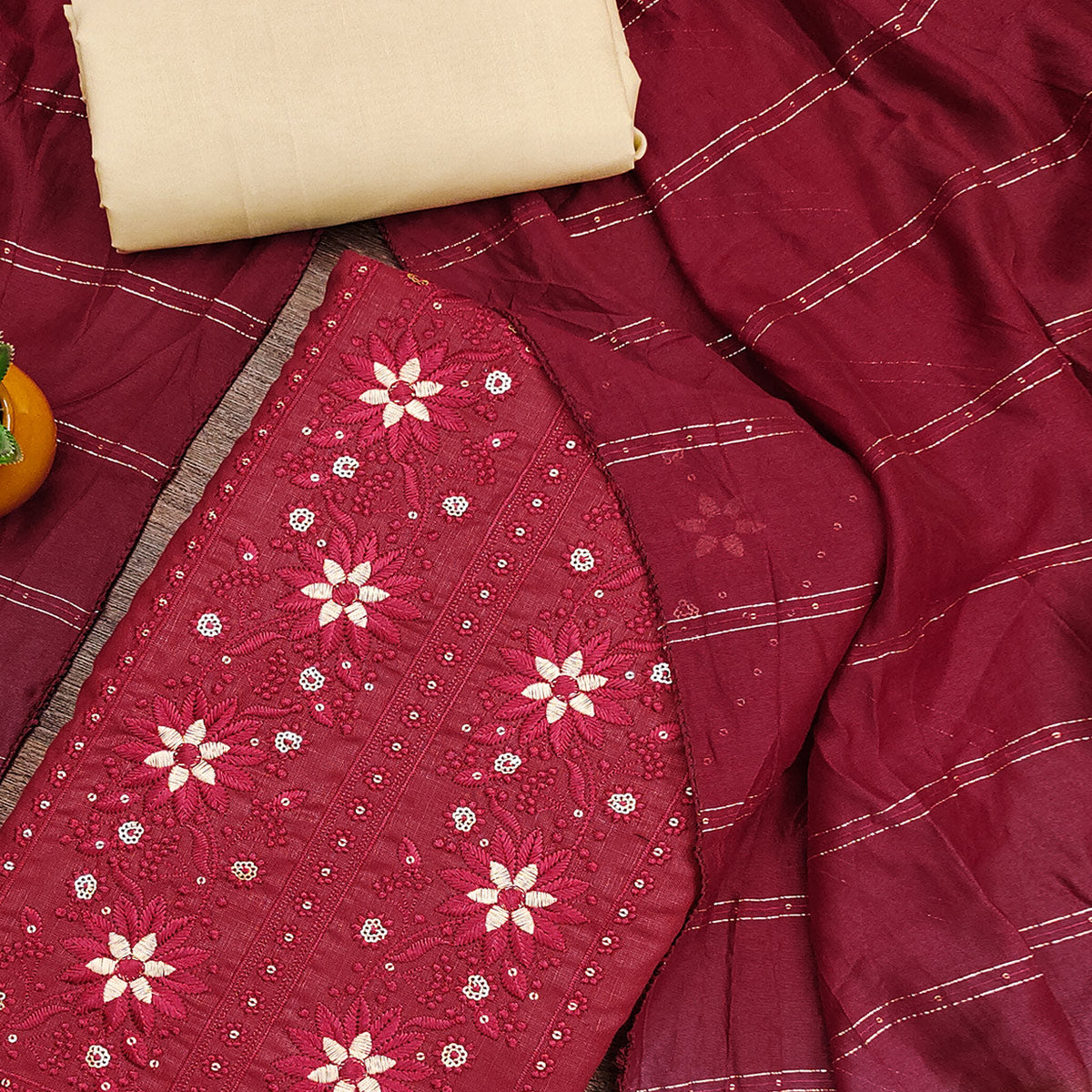 Maroon Floral Sequins Embroidered Slub Cotton Dress Material
