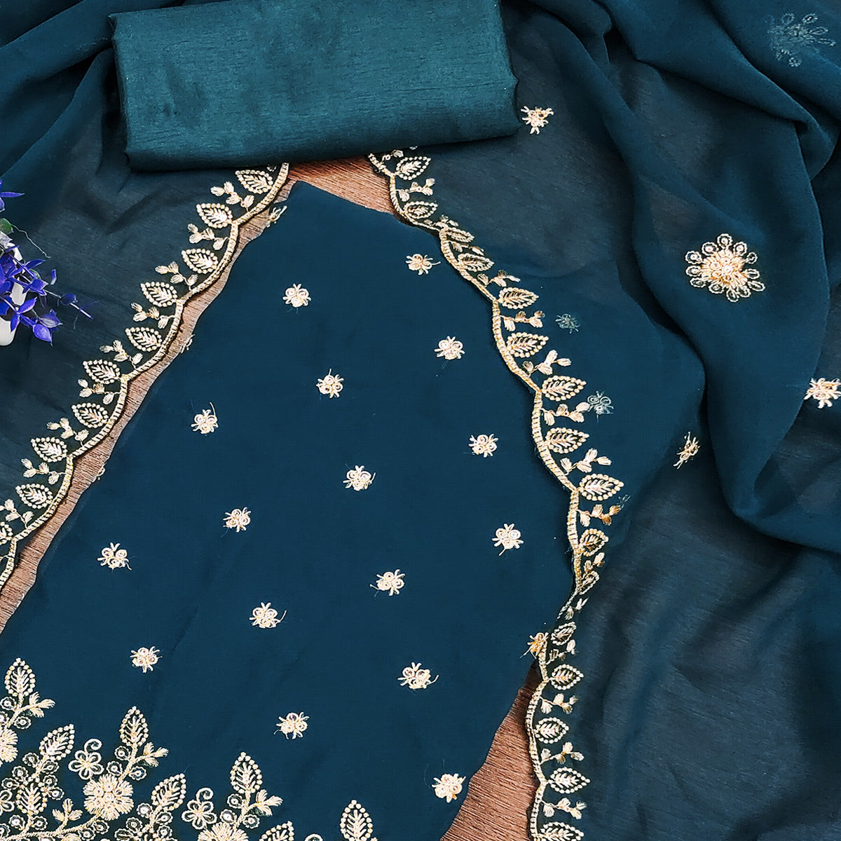 Blue Floral Sequins Embroidered Georgette Dress Material