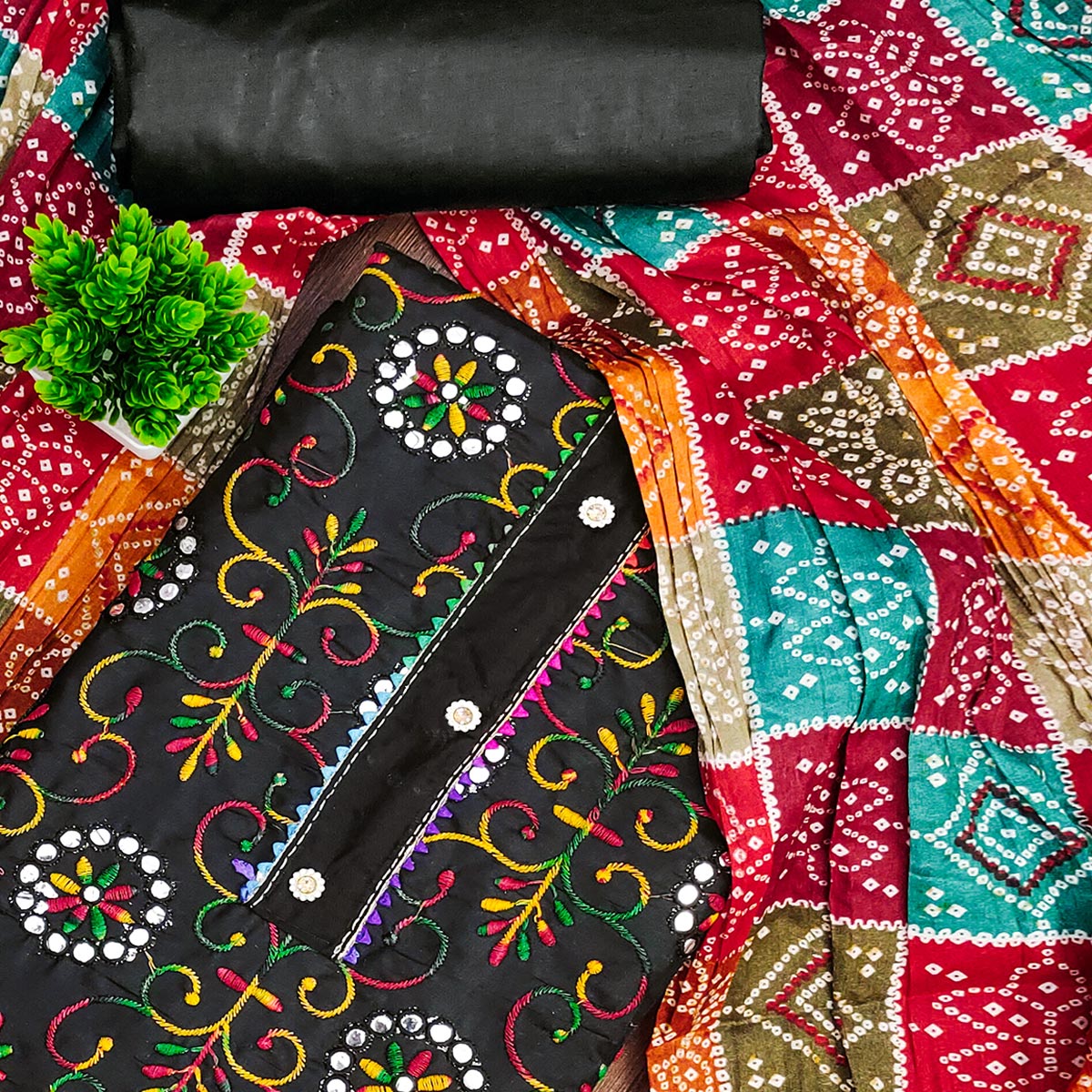 Black Floral Thread Embroidered Dress Material In Soft Cotton Blend