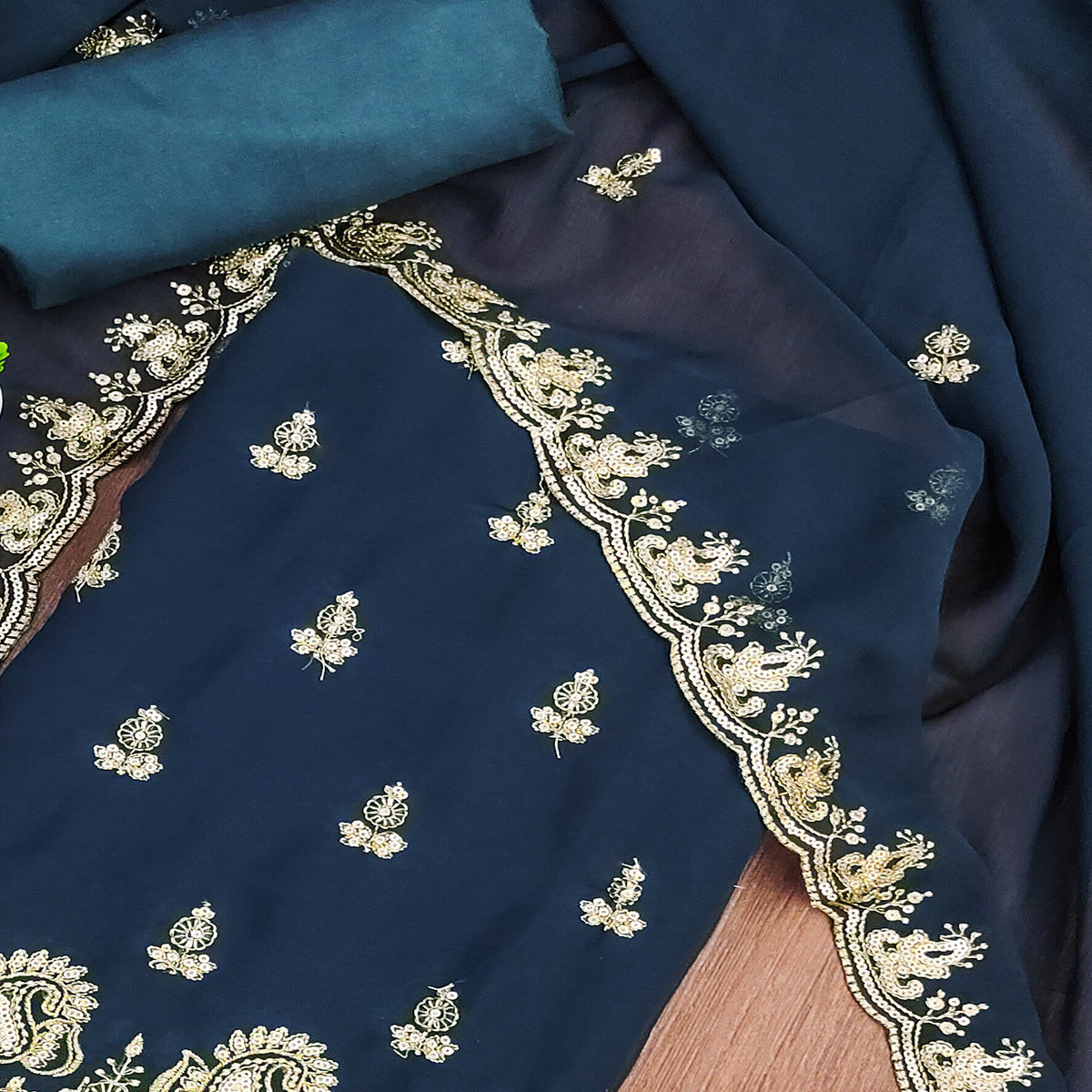 Dark Teal Georgette Dress Material with Sparkling Sequin Embroidery