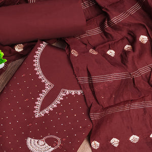 Maroon Dress Material in Cotton Blend with Delicate Embroidery Work