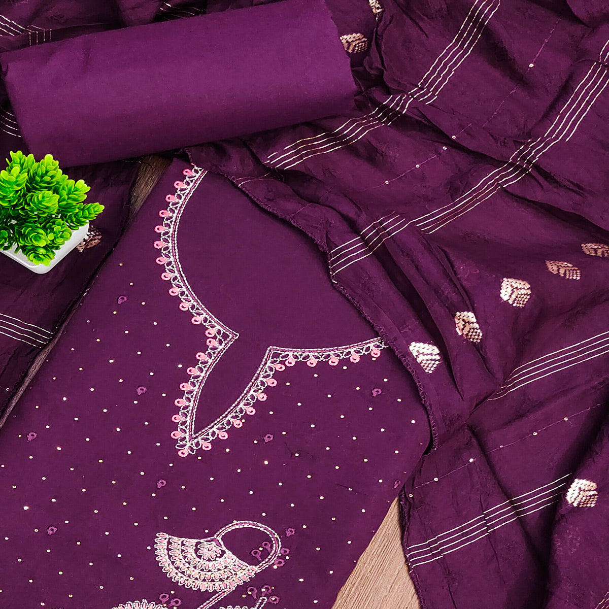 Plum Purple Dress Material in Cotton Blend with Delicate Embroidery Work