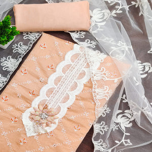 Light Orange Unstitched Dress Material Featuring Fine Floral Embroidery on Chanderi Silk