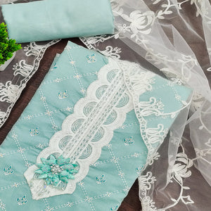Sea Green Unstitched Dress Material Featuring Fine Floral Embroidery on Chanderi Silk