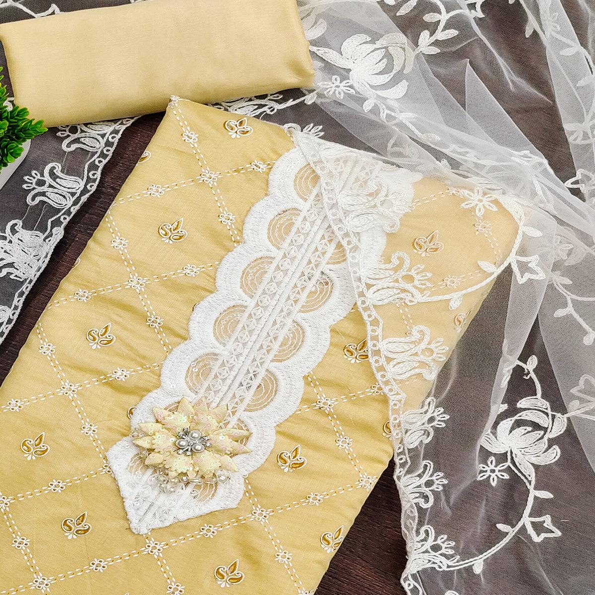 Yellow Unstitched Dress Material Featuring Fine Floral Embroidery on Chanderi Silk