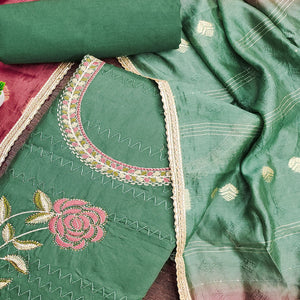 Green Suit Material in Cotton Blend with Beautifully Embroidered Floral Patterns
