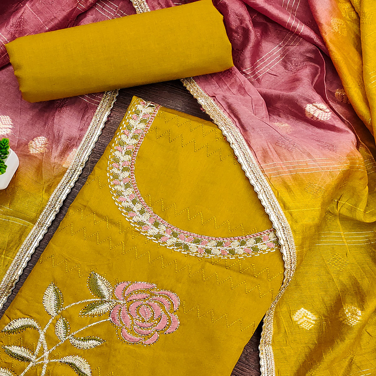 Mustard Suit Material in Cotton Blend with Beautifully Embroidered Floral Patterns
