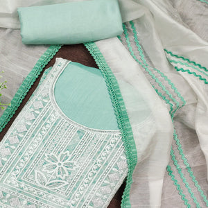 Sea Green Chanderi Silk Suit Fabric with Embroidered Highlights and Artistic Geometric Prints