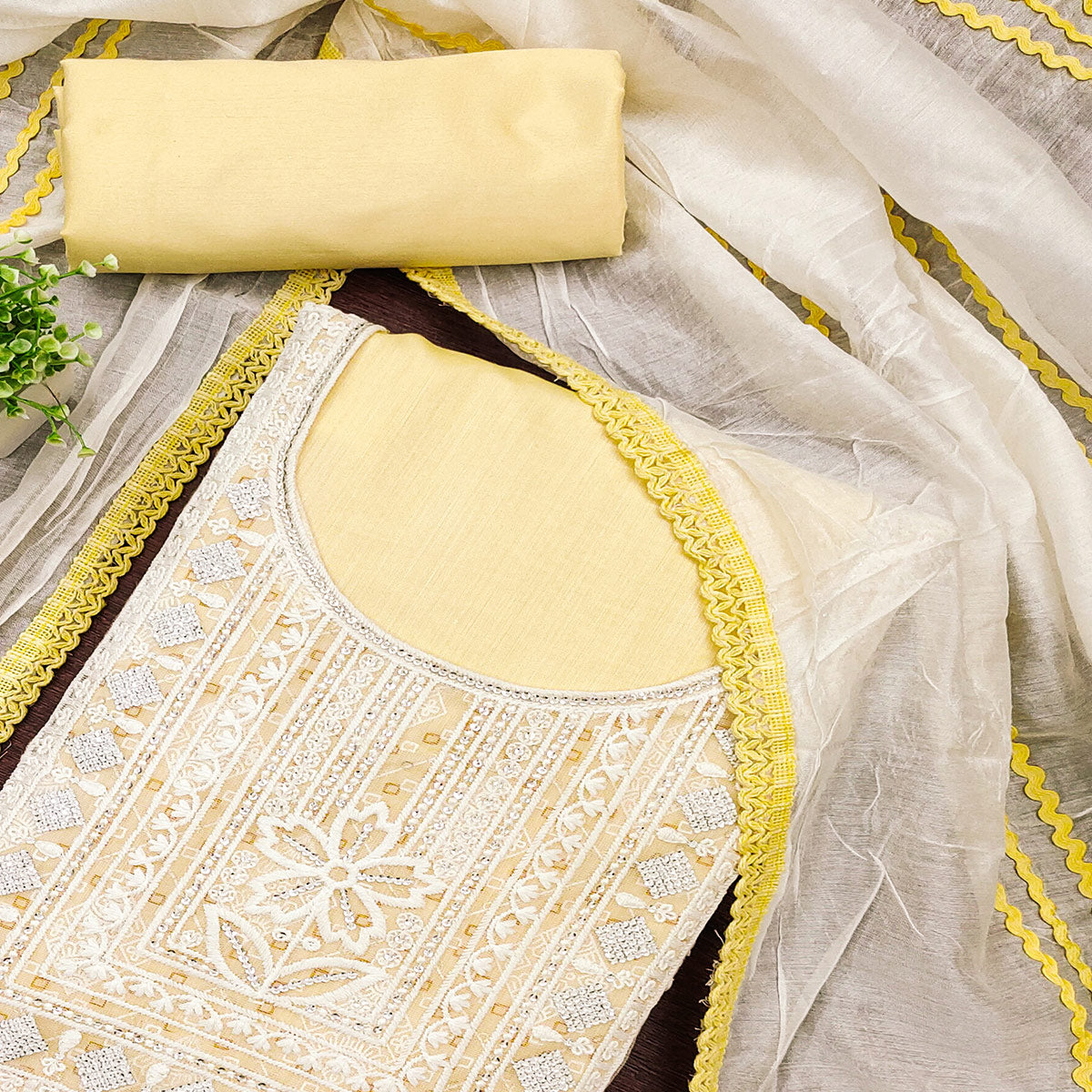 Yellow Chanderi Silk Suit Fabric with Embroidered Highlights and Artistic Geometric Prints