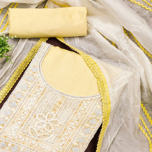Yellow Chanderi Silk Suit Fabric with Embroidered Highlights and Artistic Geometric Prints