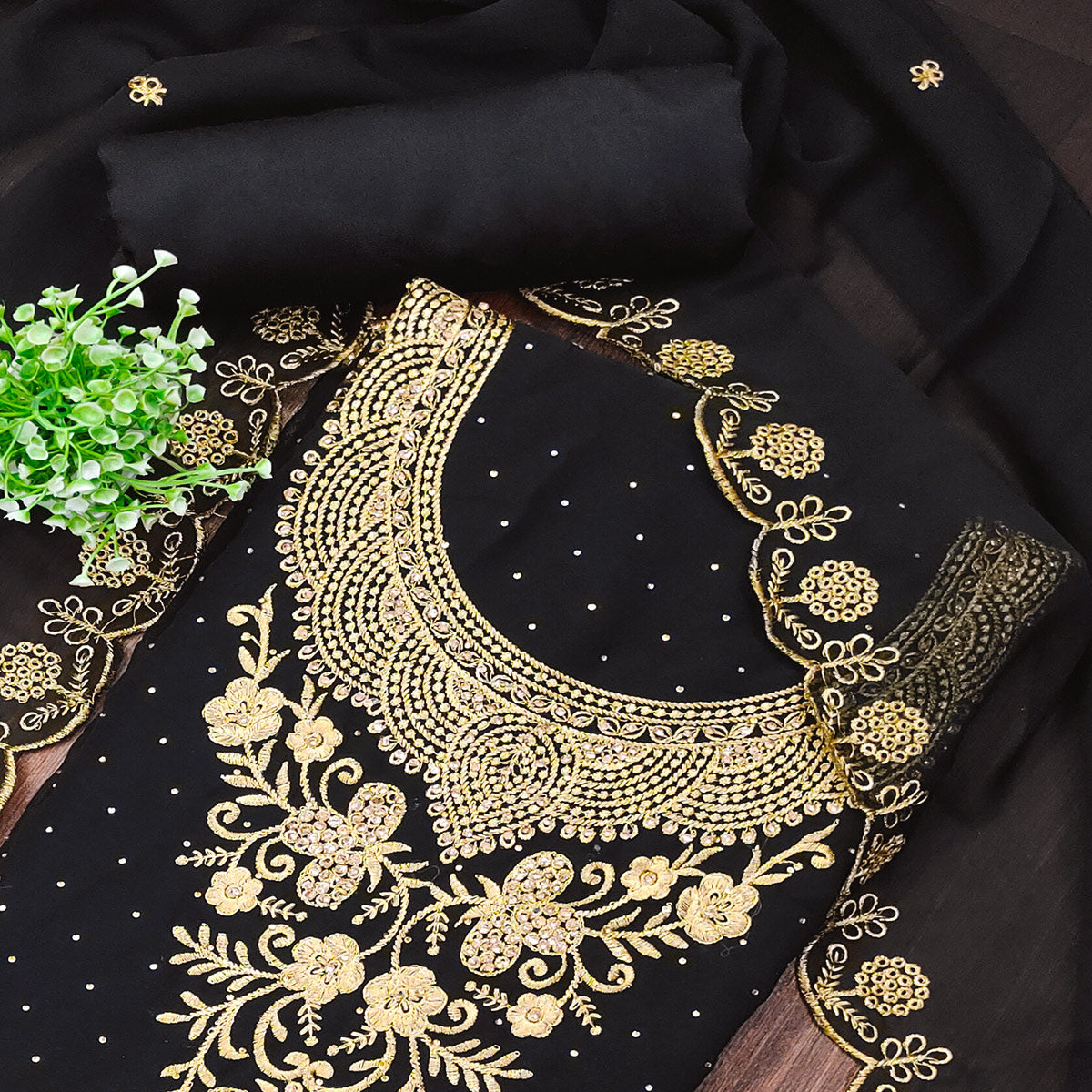Black Georgette Dress Material With Intricate Thread And Stone Work Embroidery