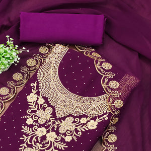 Purple Georgette Dress Material With Intricate Thread And Stone Work Embroidery